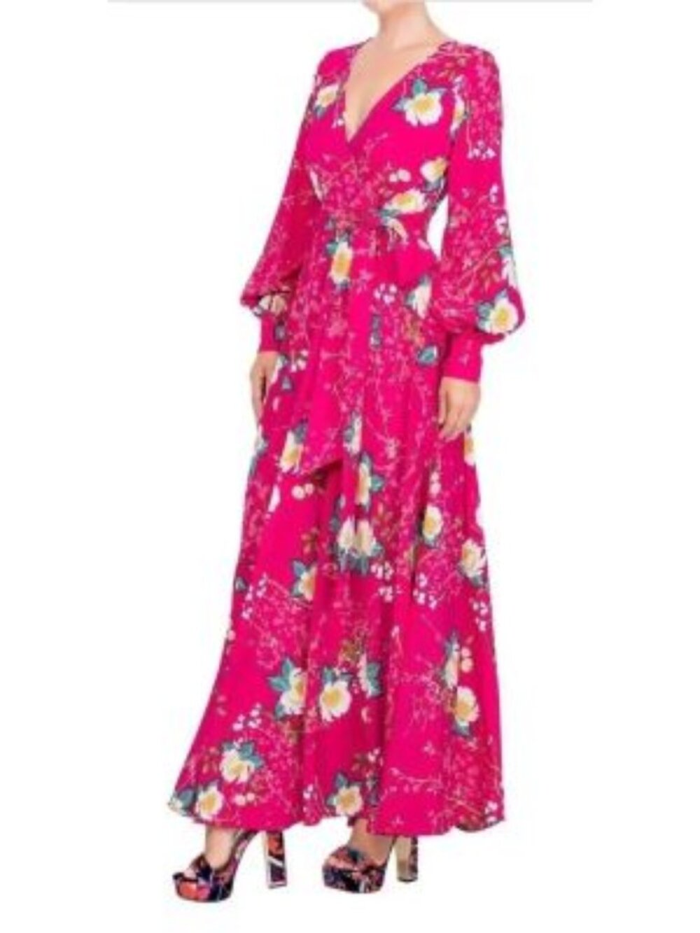 Meghan LA Floral Print Midi Maxi Lilypad Dress Lotus Cranberry Size Large